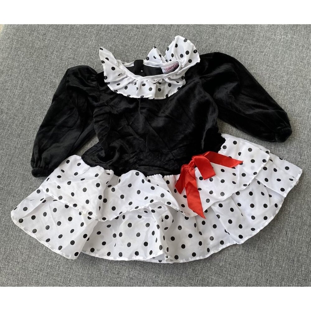Vintage Roanna Dress Girls 2T Black Velvet Velour Polka Dot Ruffle Skirt Party